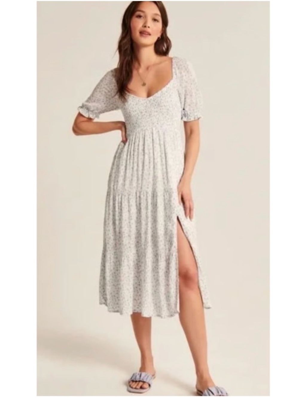 Abercrombie & Fitch Ditsy Floral Woven Slit Midi Dress Cottage Boho White Small